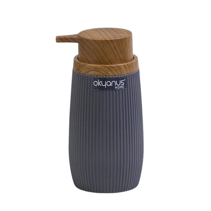 Nowoczesny dozownik do mydła z drewnem.