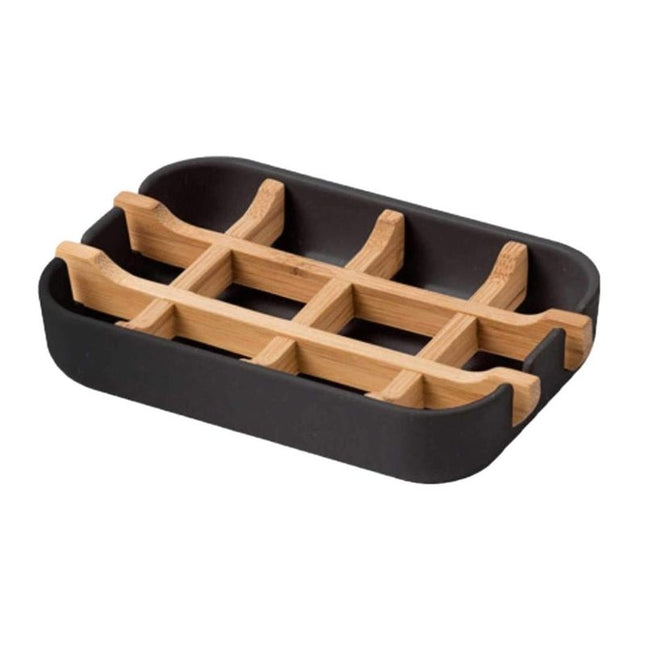 Nowoczesna czarna mydelniczka z bambusem