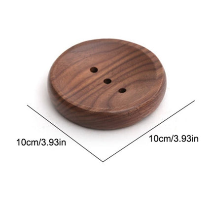 Okrągła drewniana mydelniczka z ociekaczem.